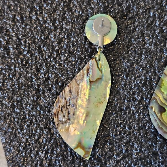 Vintage Abalone Shell Iridescent Dangle Drop Earrings Mother Of Pearl 2" Summer - Picture 7 of 12
